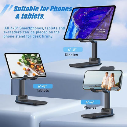 Phone Holder for Desk, MT-6 Cell Phone Stand for Desk Universal Cellphone Stand Holder Foldable & Height Adjustable Compatible Under 8” Device, with Silicone Mat, Black