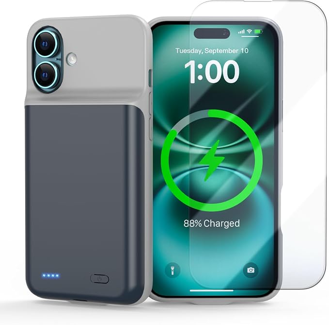 Battery Case for iPhone 16 Plus(6.7inch), Ultra-Slim 7000mAh Portable Extended Charging Charger Case [2026 Upgraded] Rechargeable Battery Back with Tempered Glass Screen Protector, Blue