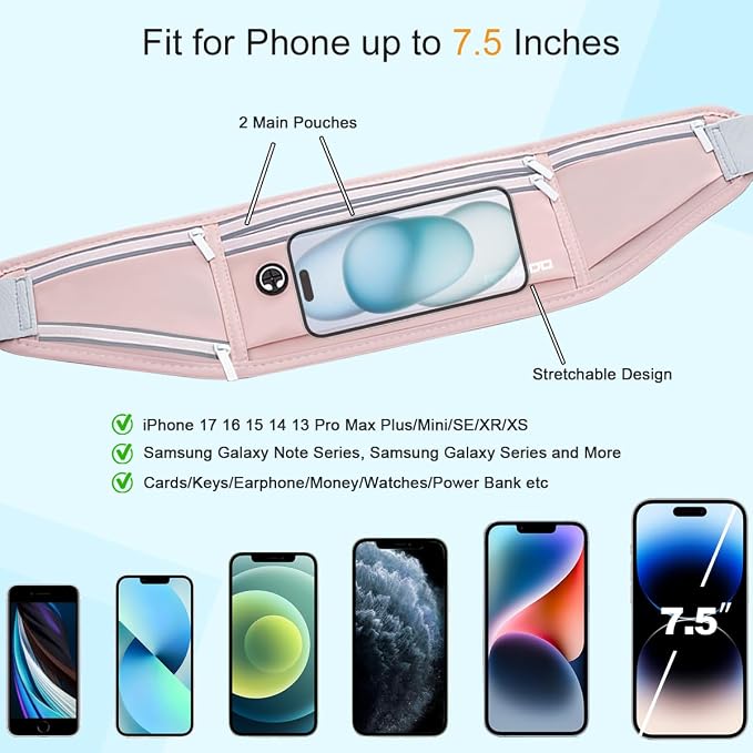 Hydration Running Belt for Women Men，Fanny Pack with Water Bottle Holder，Large Capacity Running Phone Holder for iPhone 17 16 Pro Max Samsung，Slim Reflective Waist Belt for Hiking Outdoor（Pink）