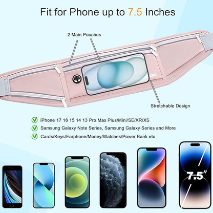 Hydration Running Belt for Women Men，Fanny Pack with Water Bottle Holder，Large Capacity Running Phone Holder for iPhone 17 16 Pro Max Samsung，Slim Reflective Waist Belt for Hiking Outdoor（Pink）