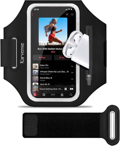 Running Phone Holder, Arm Band for Running for iPhone & Samsung Galaxy, Cell Phone Armband Holder for Walking, Gym, Workout, Men, Women, w/Adjustable Strap & Zipper Pocket (Black-L)