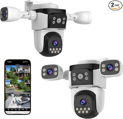 EVERSECU Triple Lens WiFi PTZ Security Camera, Three Cameras in One, Side Cameras with Adjustable All-Angle Arm, 2K 360° View No Blind Spot, Auto Tracking, Spotlight, 2 Way Audio（2pack