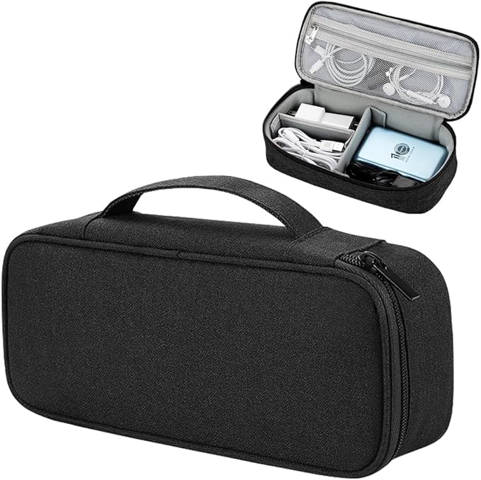 Teskyer Tech Organizer Pouch with Handle, Black | Water-Resistant Fabric, Adjustable Dividers, Multiple Compartments, Protective Lining, Travel and Office Use