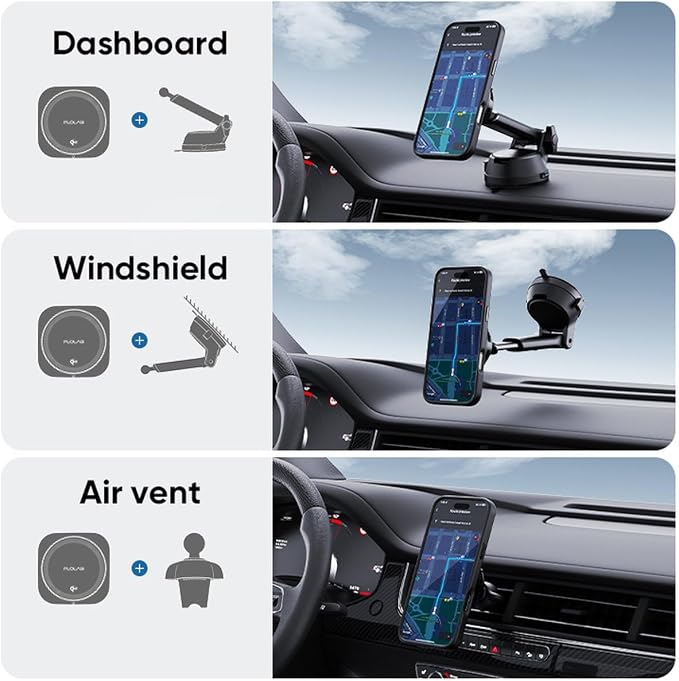 FLOLAB Qi2 15W Wireless Car Charger for iPhone 16/15/14/13/12, Magnetic Vent/Foldable Dashboard/Windshell Mount Car Phone Holder, Fast Charging with Cooling