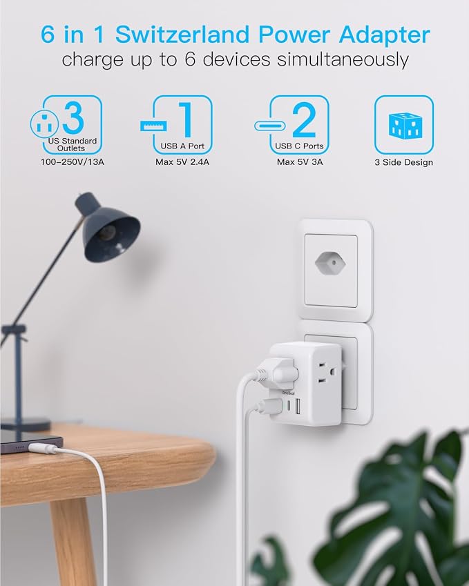 One Beat 2 Pack Switzerland Travel Plug Adapter, Type J Power Adaptor with 3 Outlets 3 USB Ports(2 USB-C), Swiss Outlet Adapter Travel Essentials for US to Switzerland, Rwanda, Liechtenstein