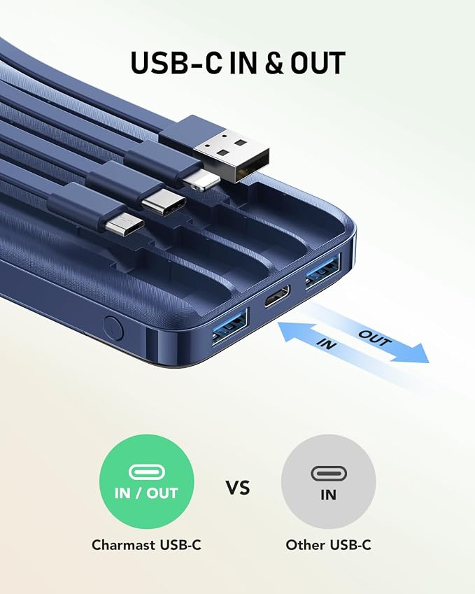 charmast Portable Charger with Built in Cables, 10000mAh Slim Power Bank, 15W USB C in&Out Port High Speed Charging External Charger, Battery Pack Compatible with iPhone 16 15 13 Samsung Google iPad