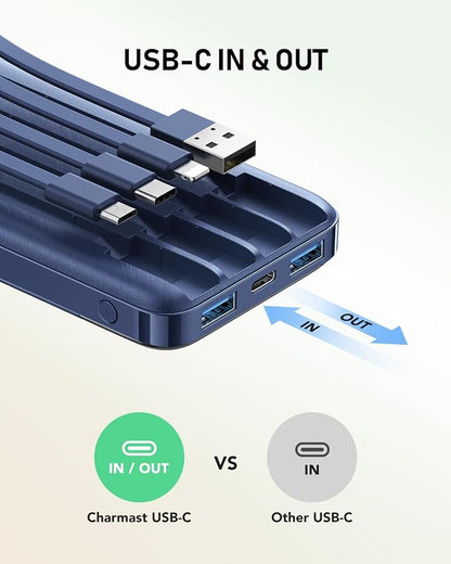 charmast Portable Charger with Built in Cables, 10000mAh Slim Power Bank, 15W USB C in&Out Port High Speed Charging External Charger, Battery Pack Compatible with iPhone 16 15 13 Samsung Google iPad
