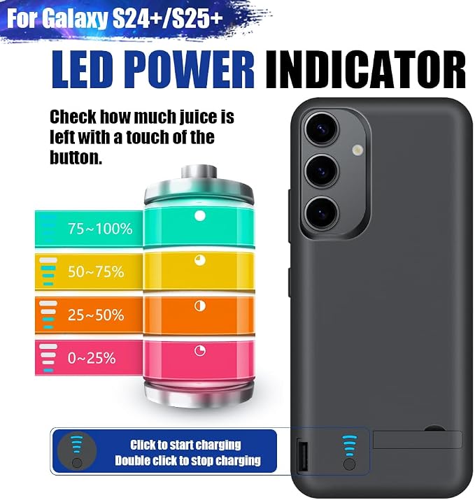 [Upgraded Battery Case for Samsung Galaxy S25+ / S24+, 5000mAh Rechargeable Extended Battery Charging Charger Case, Add 100% Extra Juice (6.7 Inches) Black