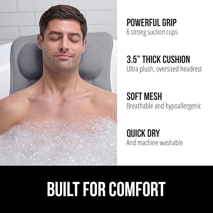 GORILLA GRIP Bath Pillow for Tub, 6 Strong Suction Cups, 4D Mesh FlexComfort Headrest for Neck, Head and Back Support, Luxury Machine Washable Pillows, Bathtub Accessories, Spa Gifts for Women, Gray