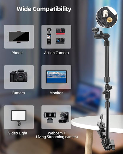 22" Magic Arm w Clamp, Overhead Phone Mount, Desk Camera Mount w Articulating Friction Boom Arm Thread Adapter, for Phone Video Light Webcam Microphone Action Camera Content Creators