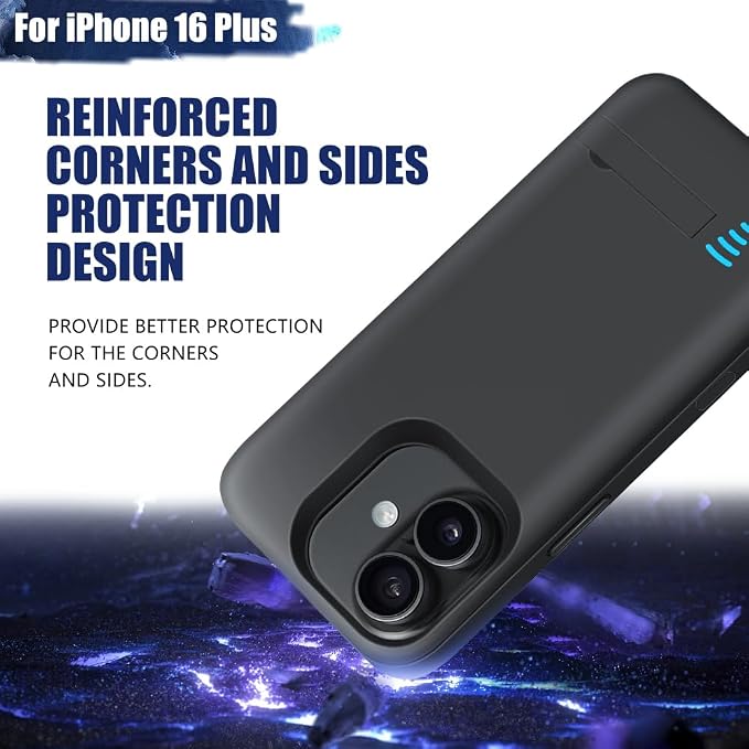 Battery Case for iPhone 16 Plus, 6000mAh Rechargeable Extended Battery Charging/Charger Case, Add 100% Extra Juice (6.7 Inches) Black