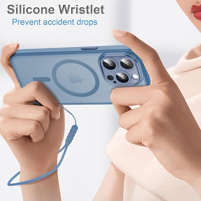 ROYBENS for iPhone 13 Pro Matte Clear Case Compatible with Magsafe, Full Camera Lens Protection, Screen Protector, Wrist Strap, Translucent Magnetic Slim Hard Protective Phone Cover, Blue