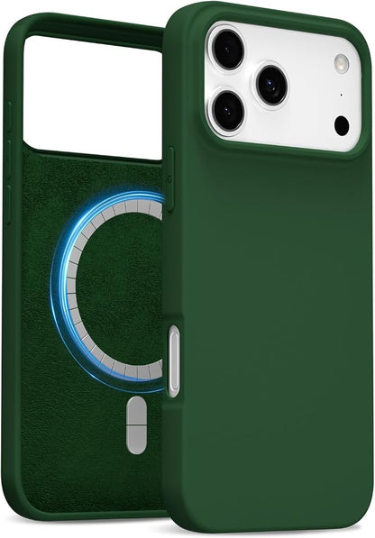 for iPhone 17 Pro Case Silicone Compatible with Magsafe Case, Ultra Slim Thin Magnetic Phone Cases Mag Safe, Cute Soft Rubber Gel TPU Matte Plain Wireless Charging Cover for Women, Dark Green