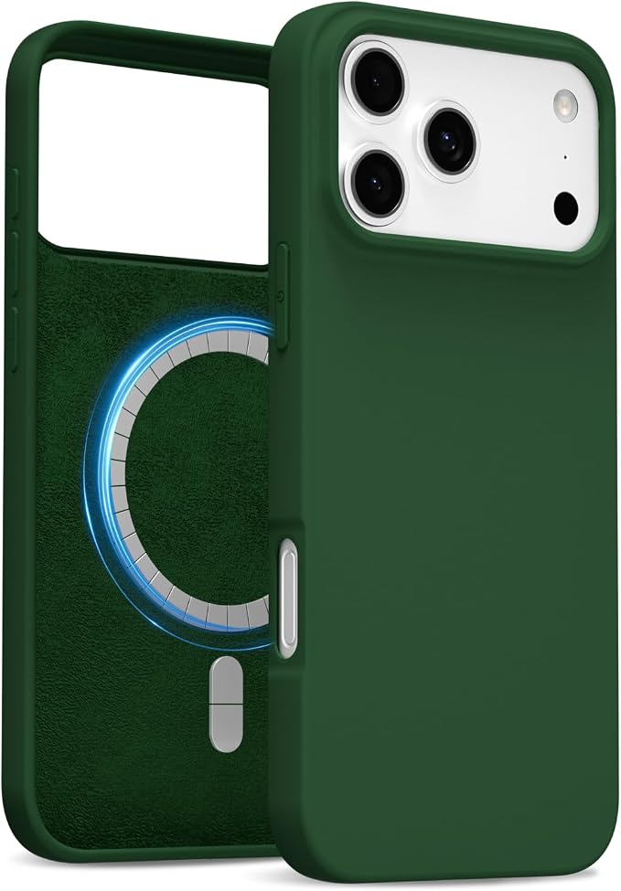 for iPhone 17 Pro Max Case Silicone Compatible with Magsafe Case, Ultra Slim Thin Magnetic Phone Cases Mag Safe, Cute Soft Rubber Gel Matte Plain Wireless Charging Cover for Women, Dark Green