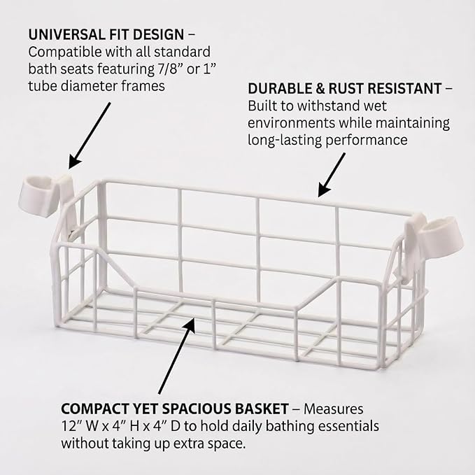 NOVA Bath & Shower Chair Basket – Universal Storage Caddy for Bath Seats & Shower Chairs, Fits 7/8” & 1” Tubing, Rust-Resistant, Easy Attach, Holds Shampoo & Soap