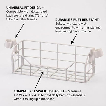 NOVA Bath & Shower Chair Basket – Universal Storage Caddy for Bath Seats & Shower Chairs, Fits 7/8” & 1” Tubing, Rust-Resistant, Easy Attach, Holds Shampoo & Soap