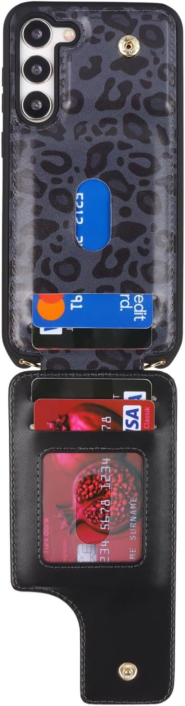Lipvina for Samsung Galaxy S22 Case with Card Holder and Strap for Women,Crossbody Lanyard,RFID Blocking,Ring Stand,Snap Clasp,Cute Phone Wallet Cases 6.1 inch(Black Leopard)