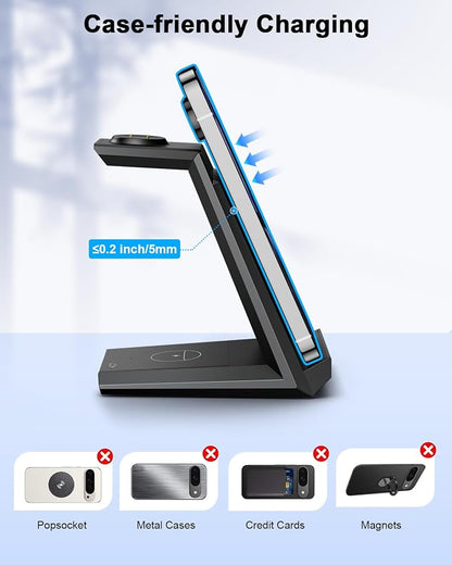 NANAMI Wireless Charger for Google - 3 in 1 Wireless Charging Station Fast Charger Stand Dock for Pixel 9/9 Pro XL/Fold/8/7,Buds Pro 2/Pro, Watch 3/2,Fitbit Versa 4/Sense 2(Not for Pixel Watch 1/4)