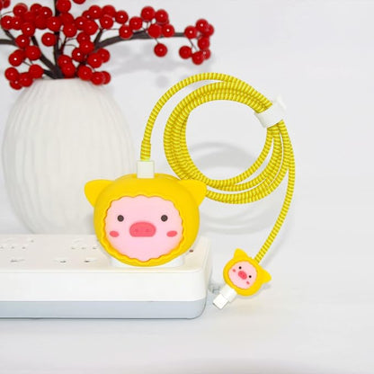 3D Cute Cartoon Charger Protector Case - Compatible for Apple 20W USB-C Power Adapter and Lightning Cable (Yellow Pig)