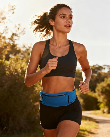 WATERFLY Running Belt Fanny Pack: Breathable 3 Pocket Waist Bag for Men Women Workout Exercise Fitness Phone Holder Fits All Phones - Runner Marathon Jogging Race Belt with Bib Clip Blue