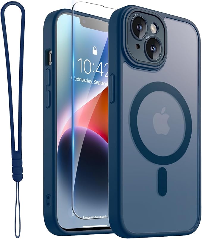 ROYBENS for iPhone 14 Matte Clear Case Compatible with Magsafe, Full Camera Lens Protection, Screen Protector, Wrist Strap, Translucent Magnetic Slim Hard Protective Phone Cover, Navy Blue