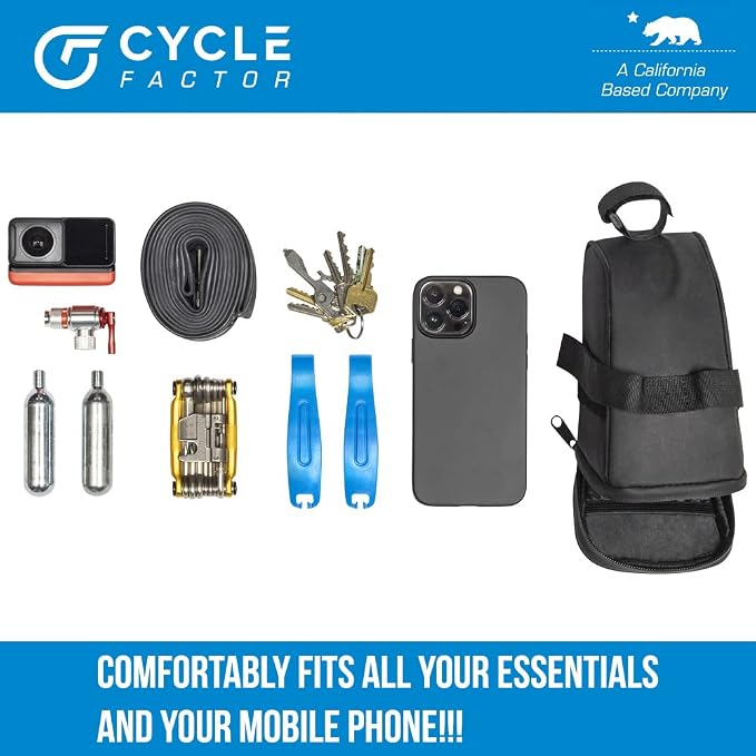 Cycle Factor Waterproof Bike Saddlebag Big Kahuna Under Seat Pouch for Mountain, Beach or Road Bikes - Fits Mobile Phones, Reflective Lining, Interior Pocket, Velcro Straps, High Shear Resistance