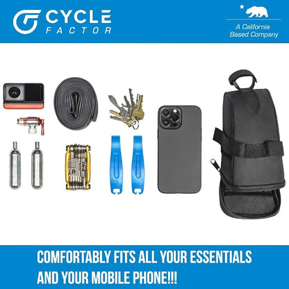 Cycle Factor Waterproof Bike Saddlebag Big Kahuna Under Seat Pouch for Mountain, Beach or Road Bikes - Fits Mobile Phones, Reflective Lining, Interior Pocket, Velcro Straps, High Shear Resistance