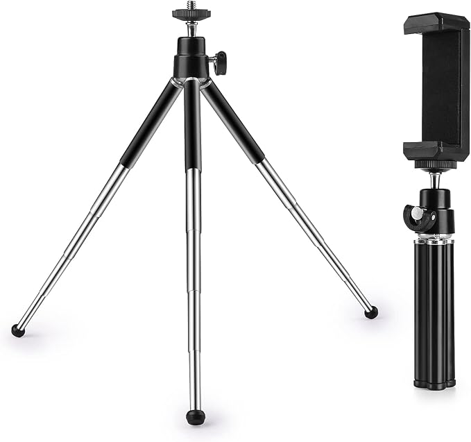 Mini Tripod for Webcam and Phone, 4-9 inch Metal Extendable Webcam Stand with Phone Holder, Tabletop Tripod