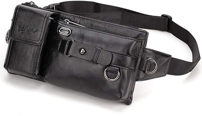 KPYWZER Vintage Leather Waist Bag Fanny Pack for Men&Women Hip Bum Bag with Adjustable Strap for Outdoors Workout Traveling Casual Running Hiking Cycling Black