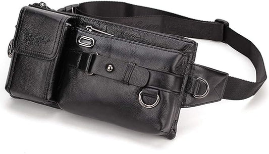 KPYWZER Vintage Leather Waist Bag Fanny Pack for Men&Women Hip Bum Bag with Adjustable Strap for Outdoors Workout Traveling Casual Running Hiking Cycling Black