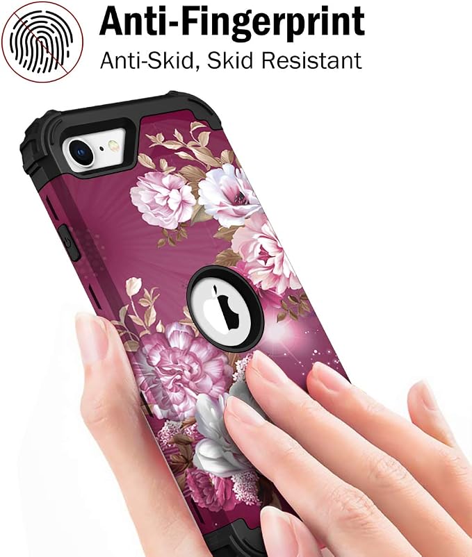 Hocase for iPhone SE 2022/2020 Case, Heavy Duty Shockproof Protection Hard Plastic+Silicone Rubber Hybrid Protective Case for iPhone SE 3rd/2nd Generation (4.7") - Royal Purple Flowers