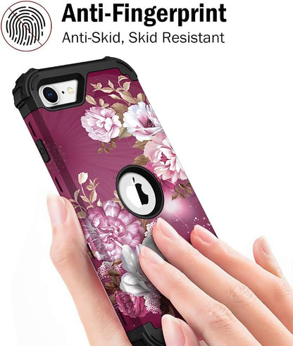 Hocase for iPhone SE 2022/2020 Case, Heavy Duty Shockproof Protection Hard Plastic+Silicone Rubber Hybrid Protective Case for iPhone SE 3rd/2nd Generation (4.7") - Royal Purple Flowers