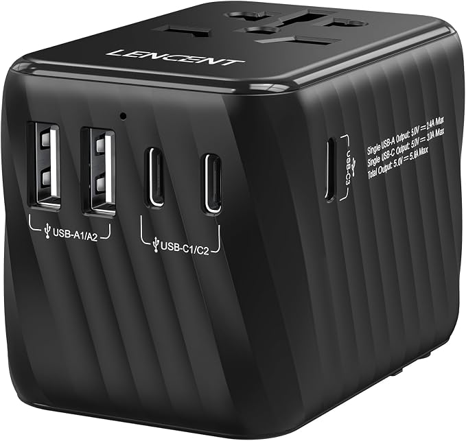 LENCENT Universal Travel Power Adapter, International AC Plug Adaptor | with 3 USB C 2 USB A Ports Wall Charger Worldwide Travel Essentials for US to EU UK Ireland Australia (Type C/G/A/I) Black