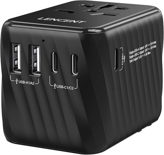 LENCENT Universal Travel Power Adapter, International AC Plug Adaptor | with 3 USB C 2 USB A Ports Wall Charger Worldwide Travel Essentials for US to EU UK Ireland Australia (Type C/G/A/I) Black