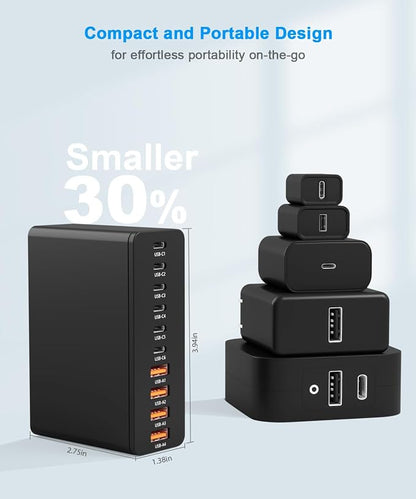 USB C Charging Station 10 Port with 4 Cables,200W GaN Type C Charger Block | Wall Charger Power Strip Adapter Plug for iPad iPhone17 16 15 14 13 12 Pro Max Pixel Note Galaxy Black