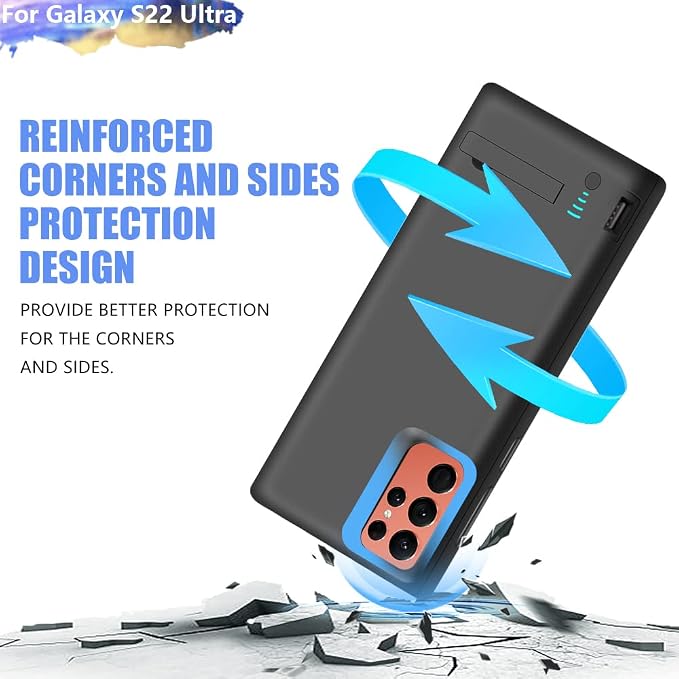 Battery Case for Samsung Galaxy S22 Ultra, 5000mAh Rechargeable Extended Battery Charging Charger Case, Add 100% Extra Juice, Not for S22 or S22+ (6.8 inch) Black