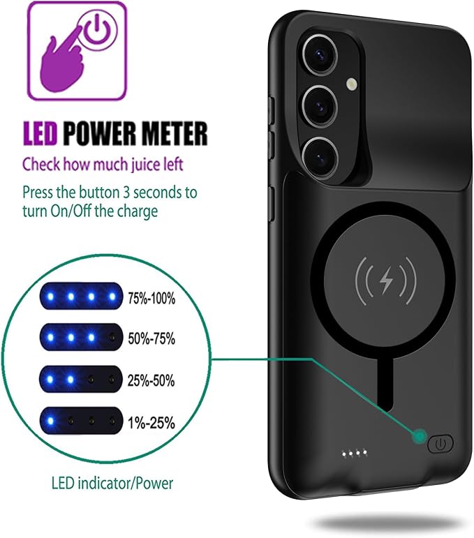 Battery Charging Case for Galaxy S25, 10000mAh High Capacity Portable Protective Battery Case Wireless Charging Compatible with Galaxy S25 (6.2 inch) Extended Battery Charger Cover (Black)