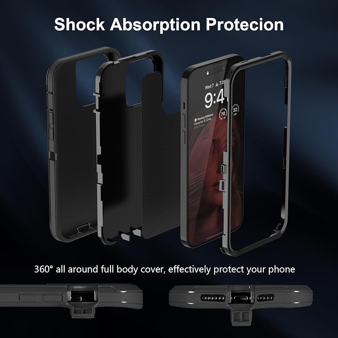 Sansunto for iPhone 16e Case, Protective Cover for 13, 14, 15, 16E 6.1", Heavy Duty Shockproof Drop Proof 3 in 1 Silicone Rubber Cover, Rugged Hybrid Durable Phone Cases for Men & Women (Black)