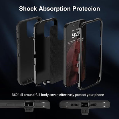 Sansunto for iPhone 16e Case, Protective Cover for 13, 14, 15, 16E 6.1", Heavy Duty Shockproof Drop Proof 3 in 1 Silicone Rubber Cover, Rugged Hybrid Durable Phone Cases for Men & Women (Black)
