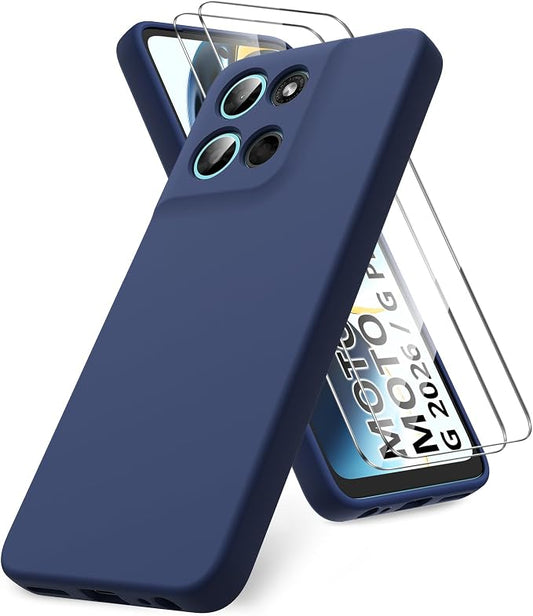 for Motorola Moto G 2026/G Play 2026 Case, 2 Pack Tempered Glass Screen Protectors, Soft TPU Liquid Silicone Shockproof Gel Cover-Midnight Blue