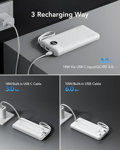 VRURC Power Bank for iPhone, 22.5W Portable Charger with Built-in Cables | 10000mAh USB C In & Out Cord Portable Phone Charger,Slim Lightweight Charging Bank Travel Essentail-White(1 Pack)
