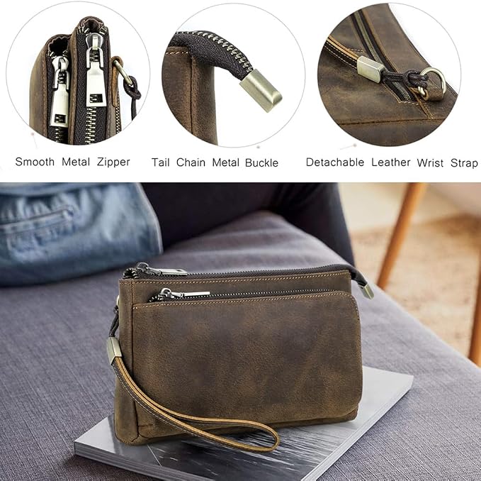 CONTACTS Crazy Horse Leather Travel Electronic Organizer Cables Chargers Accessories Storage Case Holder Clutch Bag with 3 Compartments