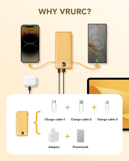 VRURC Portable Charger, Power Bank Built-in Cables and AC Wall Plug | USB C Power Bank 10000mAh Travel Essentials Phone Charger Compact External Battery Pack For Smart Phones, Tablets etc-Orange