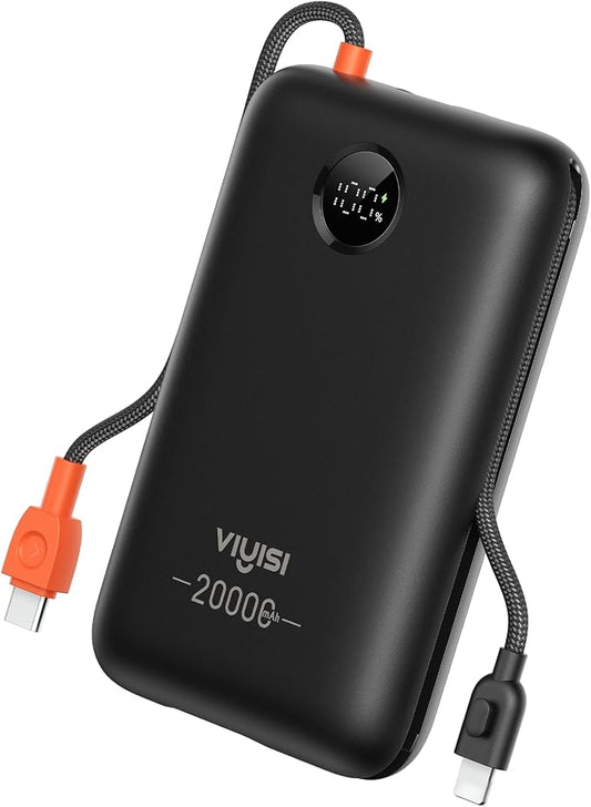 VIYISI Portable Charger 20000mAh 30W Fast Charging with Built-in Cables | USB C & Lighting Cables, LED Display Battery Pack, Compatible with iPhone 17 16 15 14 Pro Max, iPad, Samsung, Travel