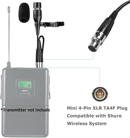 Black Lapel Lavalier Microphone Unidirectional Condenser Super Cardioid Mic Compatible with Shure Wireless Bodypack Transmitter System with Mini XLR 4 Pin TA4F Plug