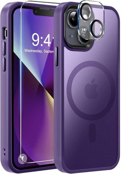 MOCCA Strong Magnetic for iPhone 13 Case, [Compatible with Magsafe][Screen Protector+Camera Lens Protector] Translucent Matte Back Slim Shockproof Case for iPhone 13 Phone Case 6.1", Deep Purple