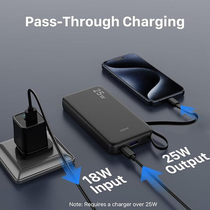 JUOVI 25W Portable Charger 10000mah Power Bank Built-in USB-C Cable | Battery Pack with LED Display, Portable Phone Charger for iPhone 17 16 15 14 Samsung S24 S23 iPad Tablets