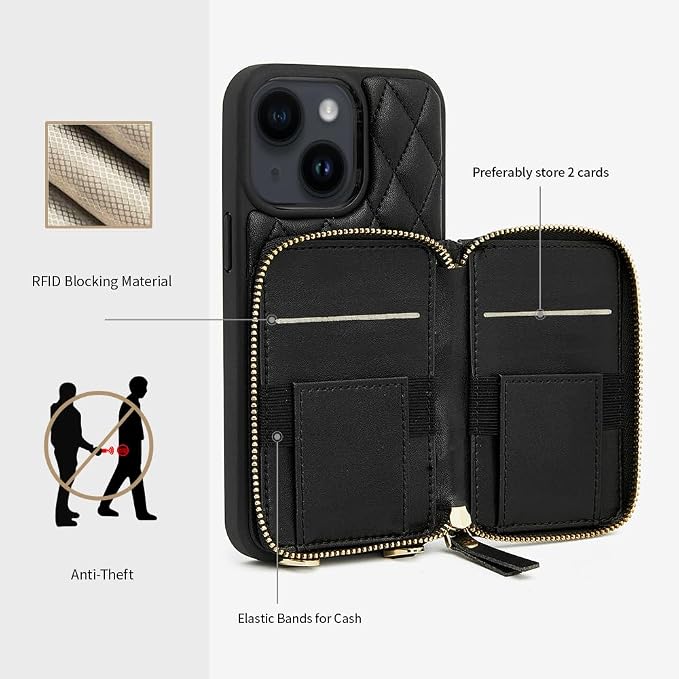 LAMEEKU for iPhone 15 Wallet Case, Crossbody RFID Blocking Card Holder Case, Quilted Leather Zipper Pouch, Wrist Strap Lanyard Chain Handbag Purse Cover Gift for Women for Apple iPhone 15 6.1" Black