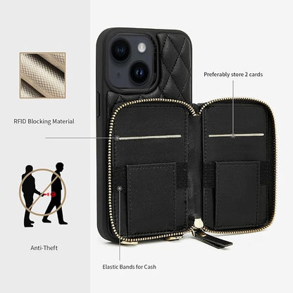 LAMEEKU for iPhone 15 Wallet Case, Crossbody RFID Blocking Card Holder Case, Quilted Leather Zipper Pouch, Wrist Strap Lanyard Chain Handbag Purse Cover Gift for Women for Apple iPhone 15 6.1" Black