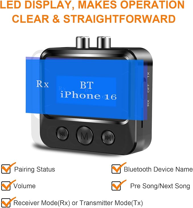 Bluetooth Transmitter Receiver for TV, Audio Adapter for Home Stereo with RCA 3.5mm AUX & Display, Bluetooth Transmitter for Headphones/Speakers/Airplane/Home Theater/PC/Car, TF Card Output